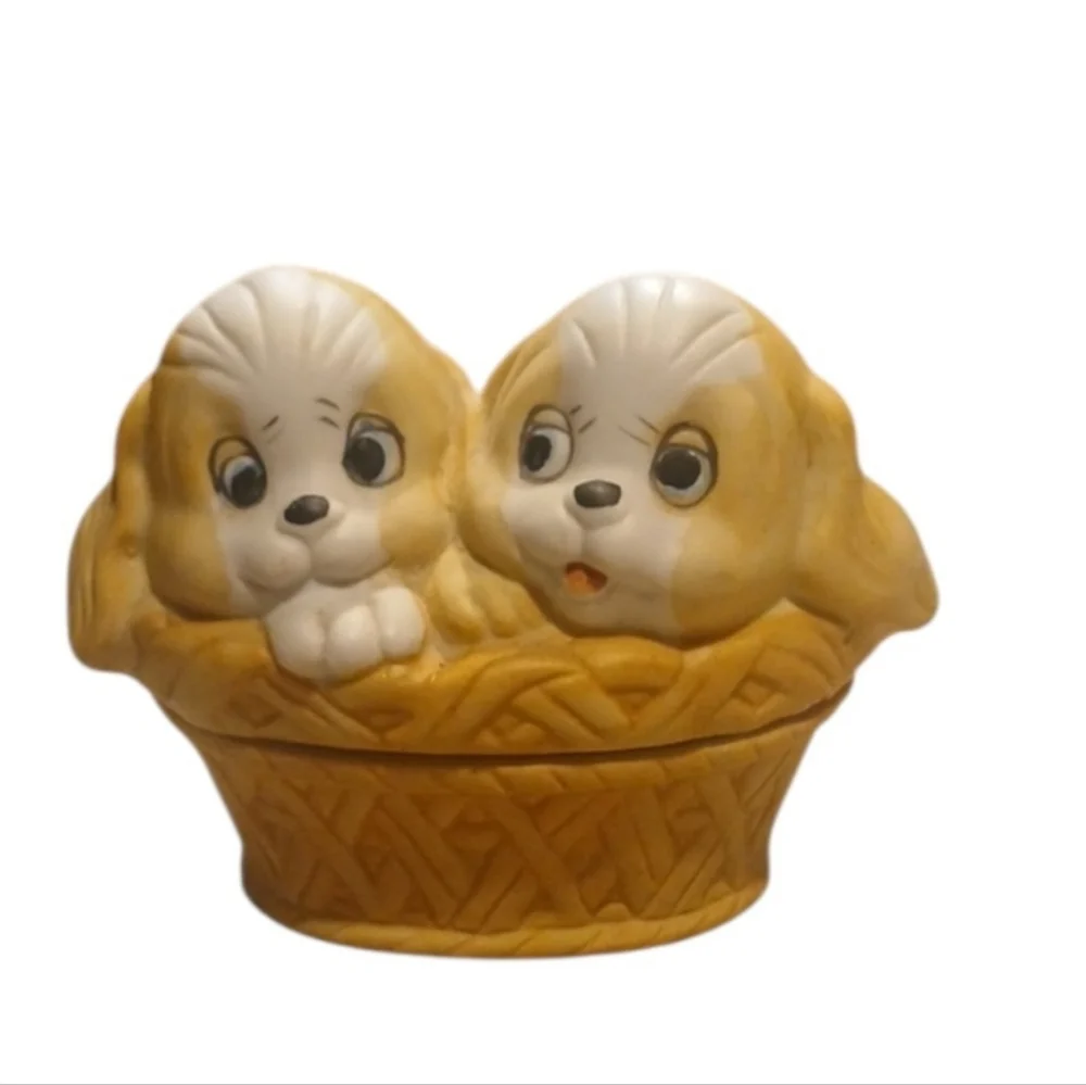 Homco Brown and White Puppy Basket Figurine